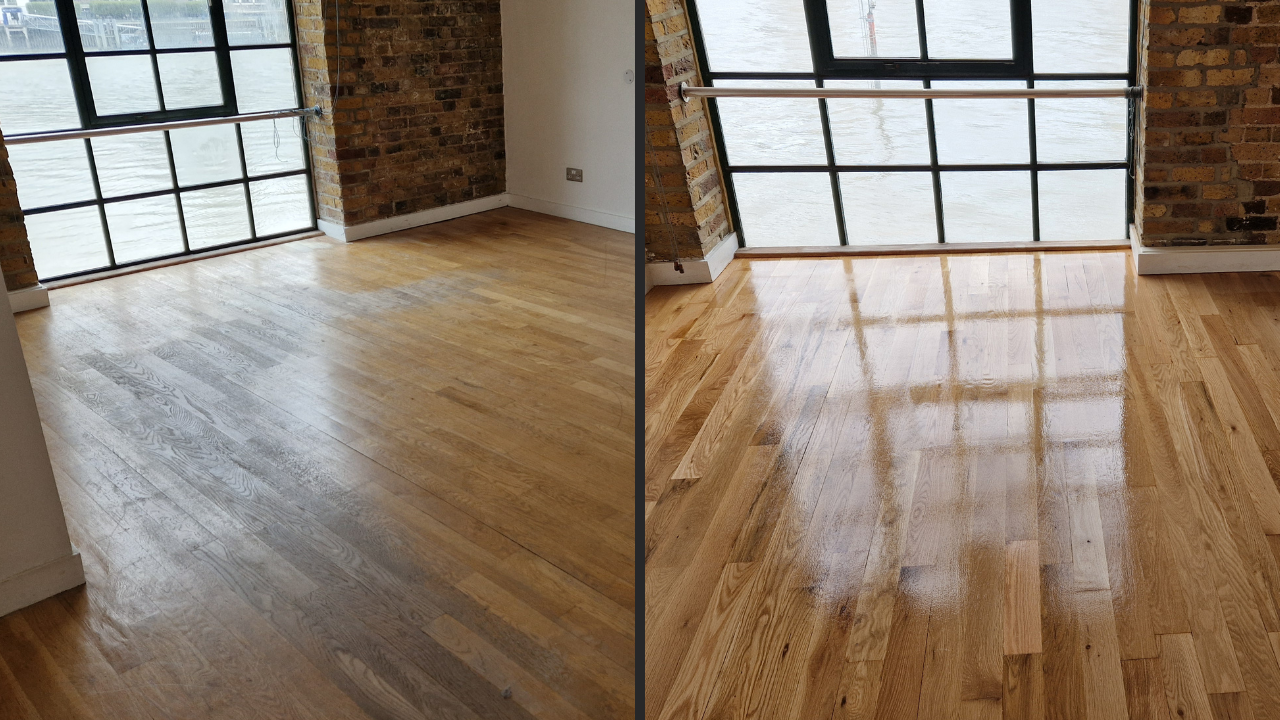 Side-by-side comparison of a wooden living area floor before (left) and after (right) professional sanding and refinishing, near a large window with exposed brickwork.
