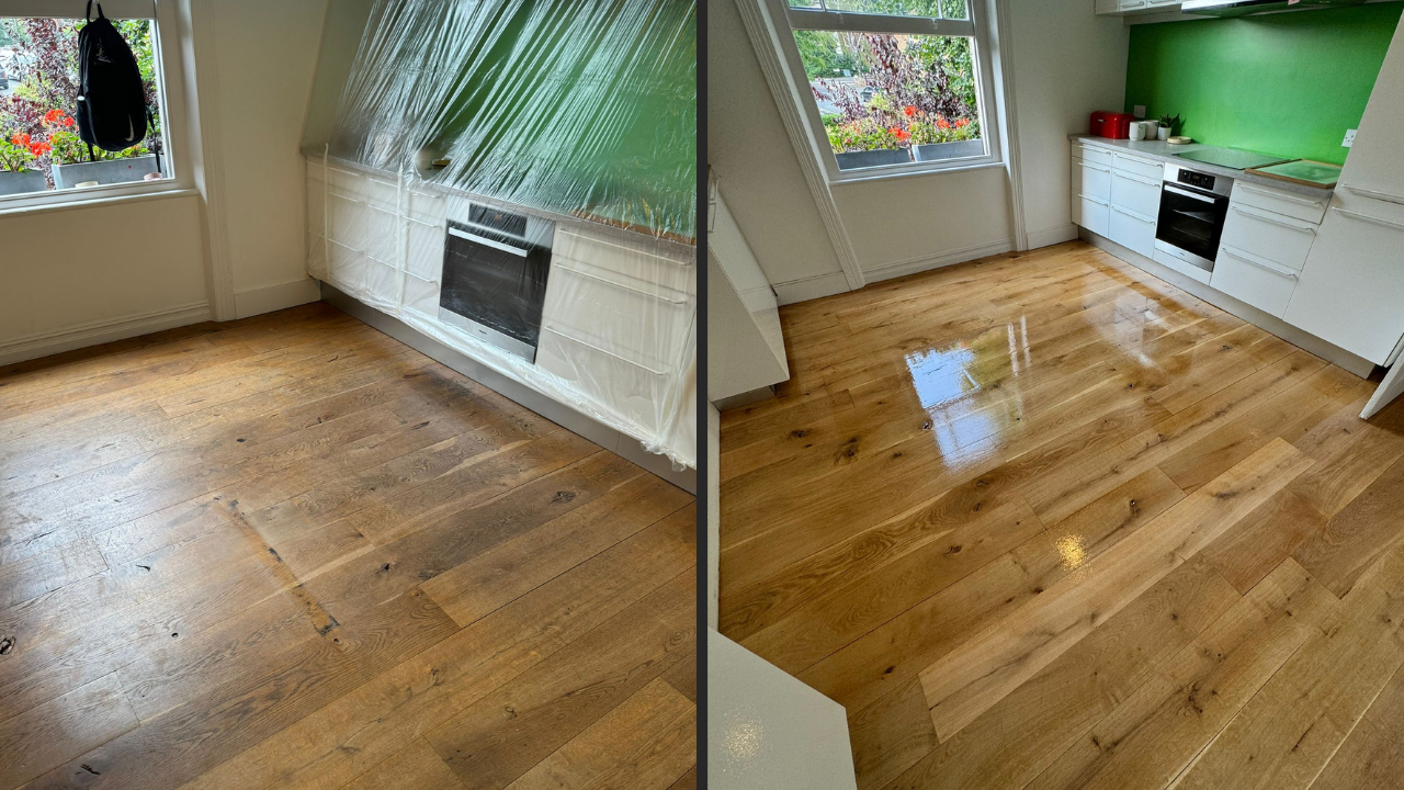 Before-and-after photos of an oak kitchen floor showing the dramatic transformation from a dull, worn surface to a glossy, newly refinished look.