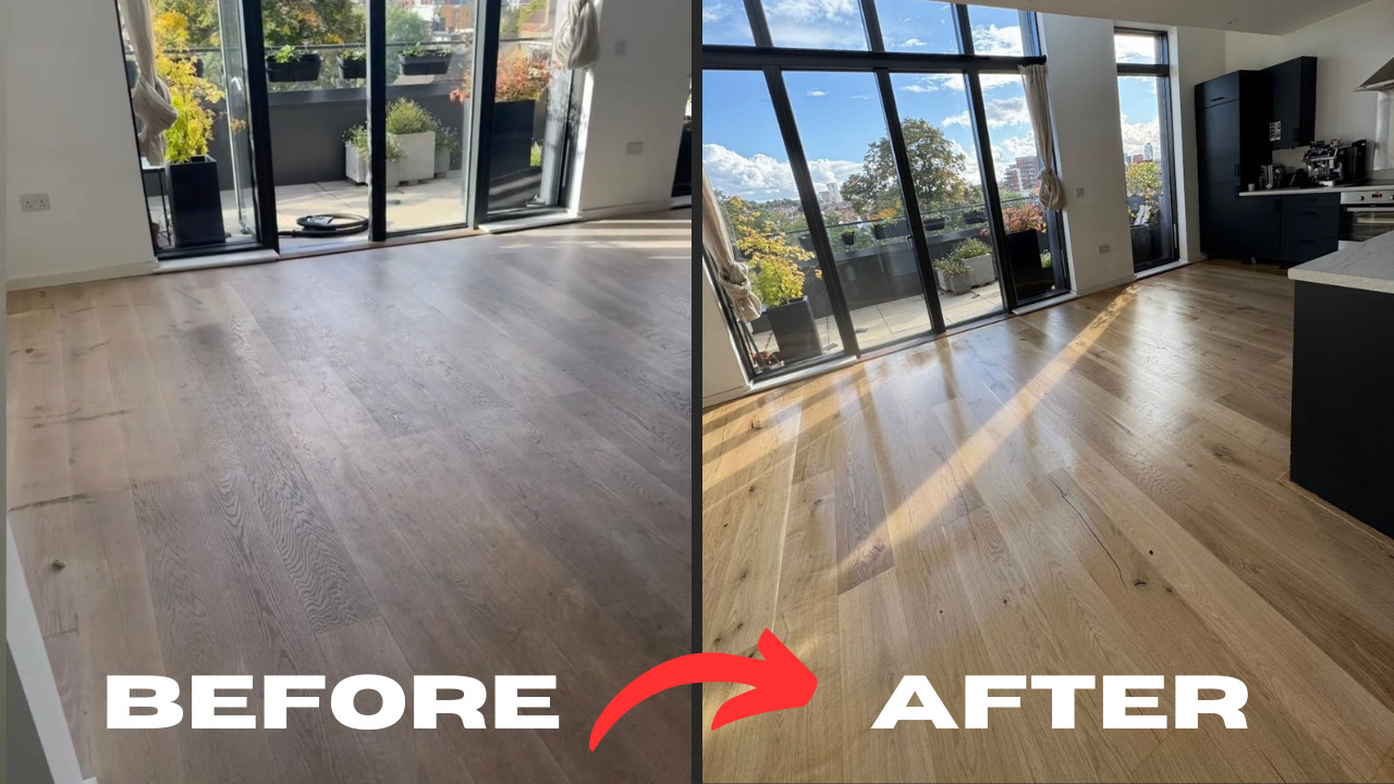 Southwark apartment before-and-after of an Engineered Oak Plank Floor: Gap Strip Magic seals floorboard gaps, then the surface is sanded and refinished to a warm, even sheen.