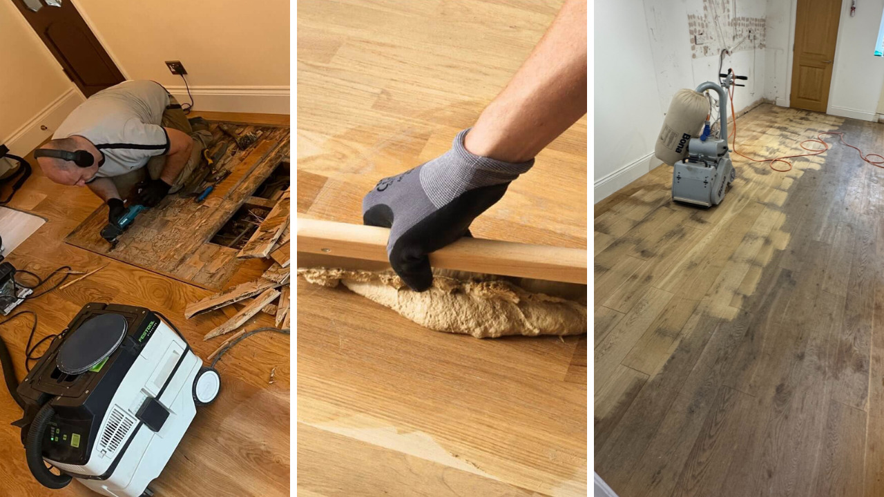 Southwark European Oak hardwood plank floor—Gap Strip Magic process shown: lift and repair boards, fill gaps with slivers/resin, then sand for a seamless finish.