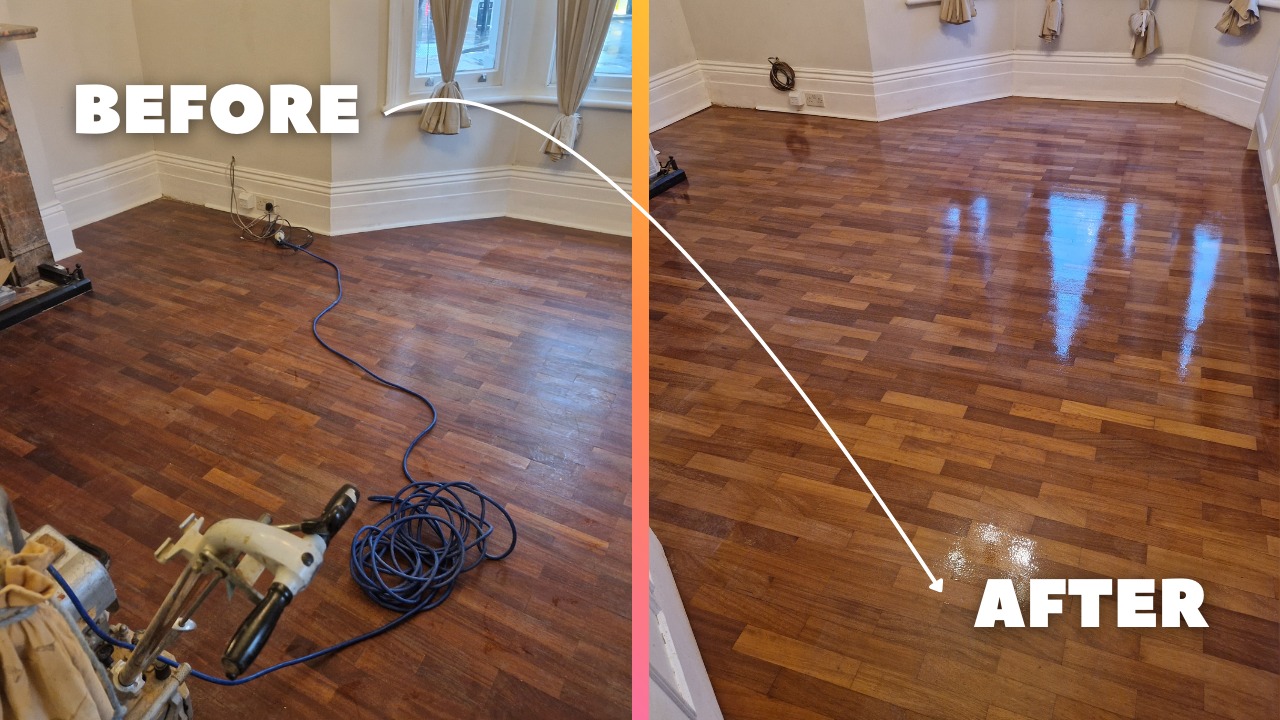 Hardwood Floor Refinishing in Southwark – before and after of an oak parquet block hardwood floor in a bay-window living room, transformed from dull and worn to a smooth, glossy finish.