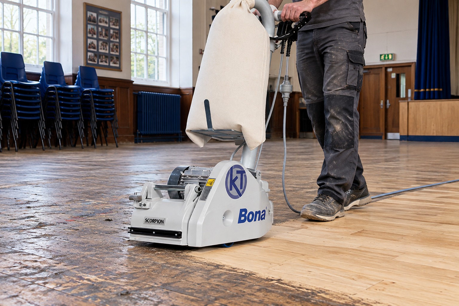 Commercial parquet floor sanding in Southwark SE1, showing a technician restoring a heavily worn timber floor in a public hall.